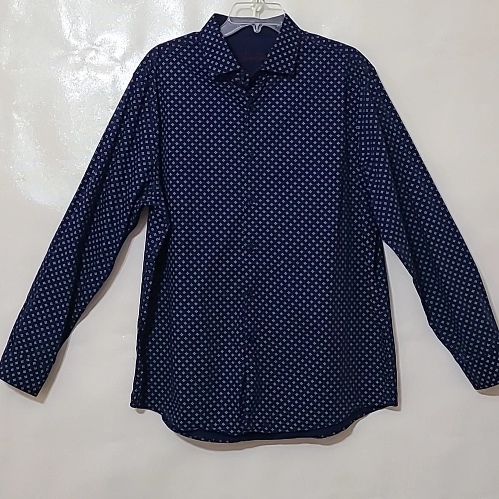 Tasso Elba Men's Navy‎ Blue Patterned Long Sleeve Button Up Shirt - Size XL